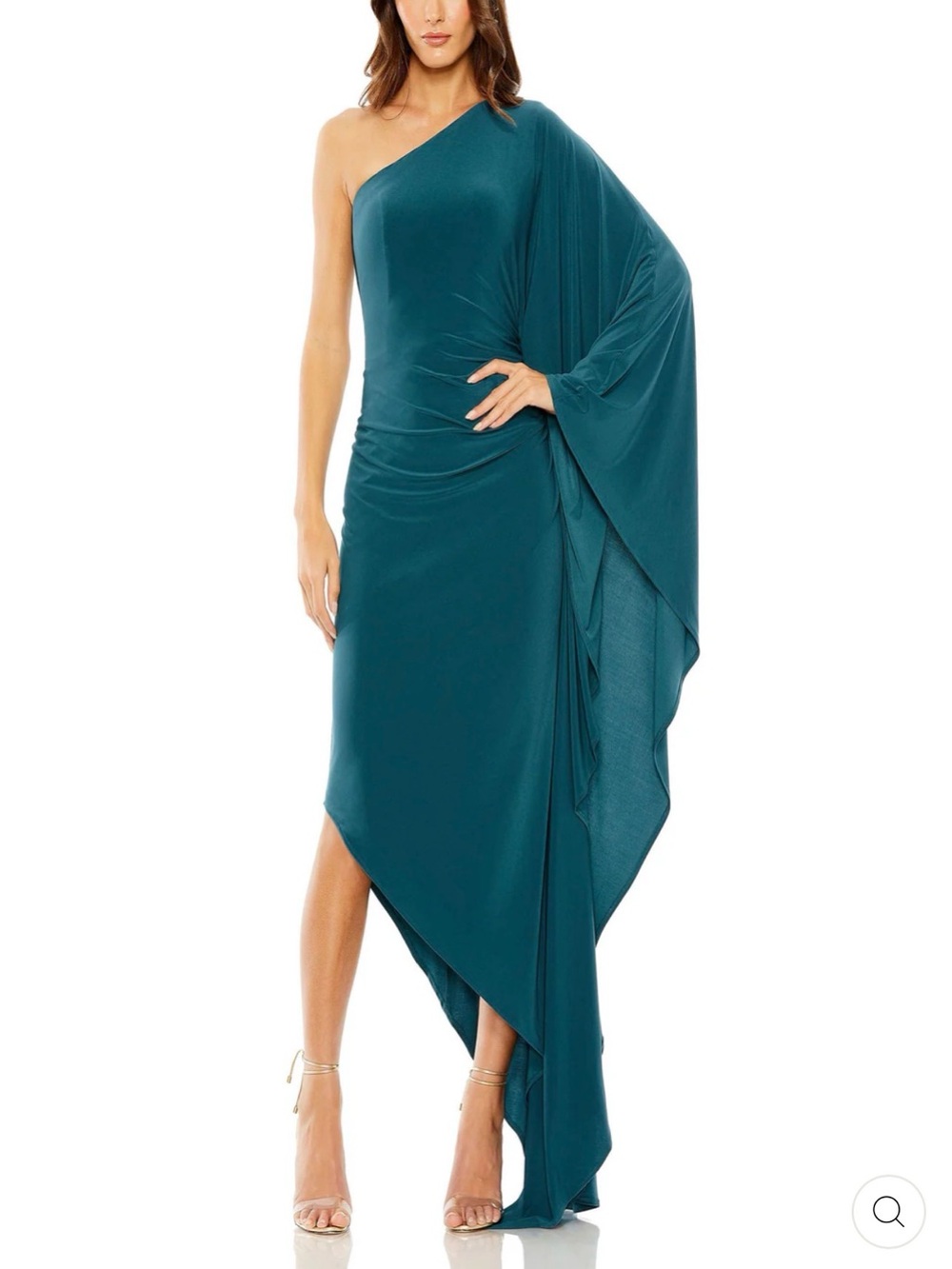 NWT Mac Duggal Teal One-Shoulder Draped Cape Evening Gown